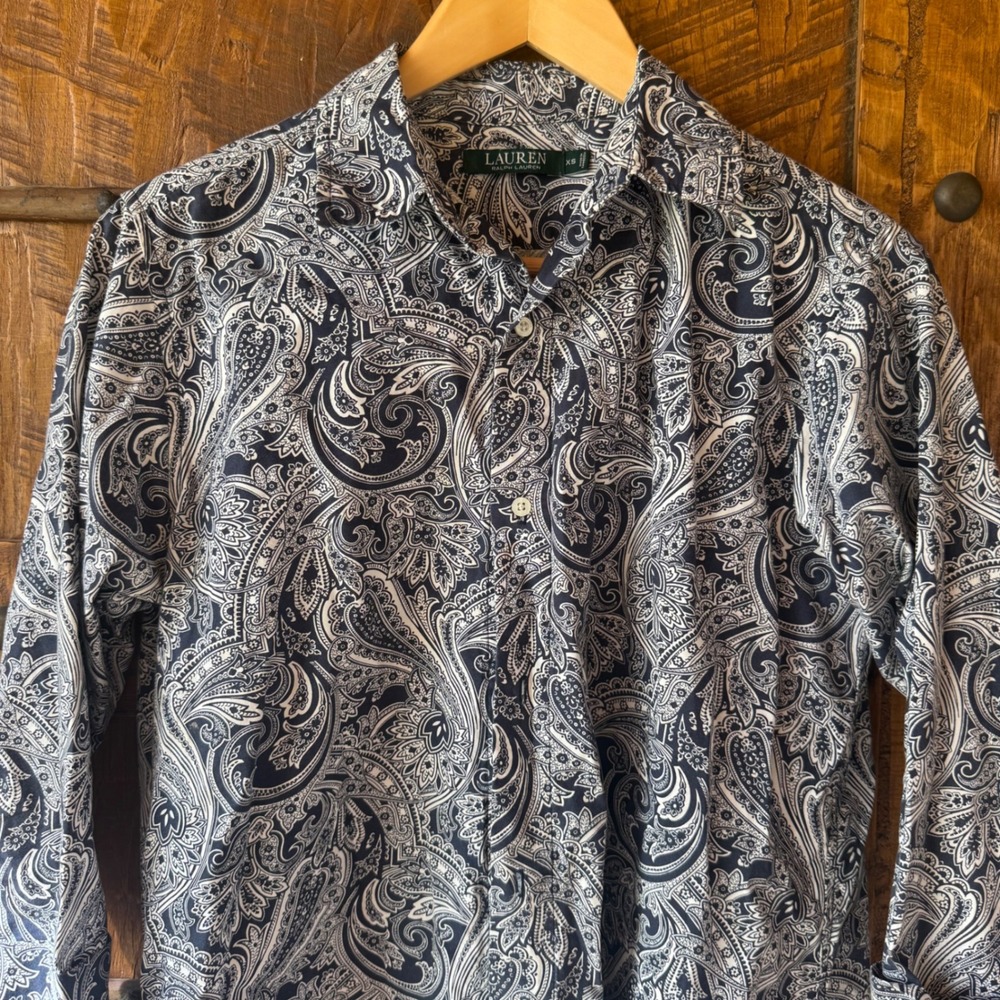 Lauren Ralph Lauren Paisley Button Down Womens XS Navy Long Sleeve Cotton Formal - Picture 2 of 10